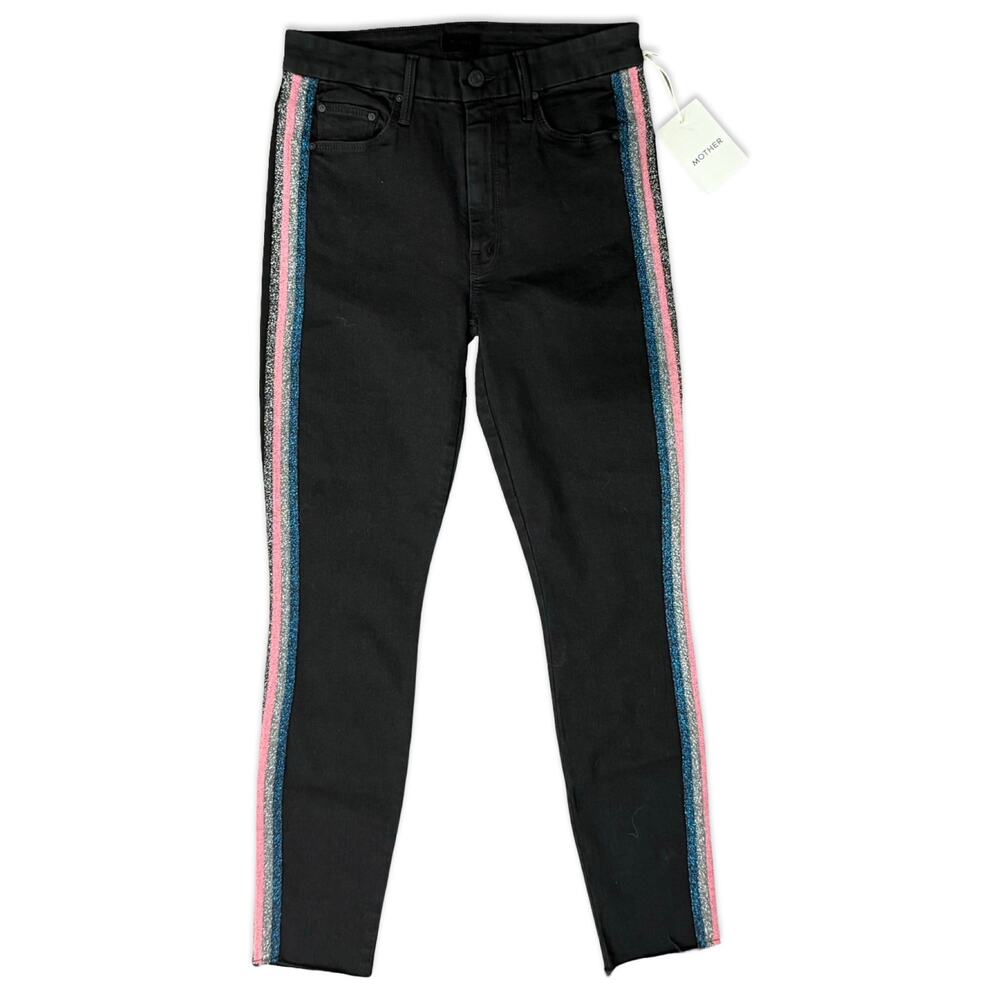 Mother High Waist Looker Black Raw Hem Guilty Glitter Racer Jeans sz 27 NEW Tags
